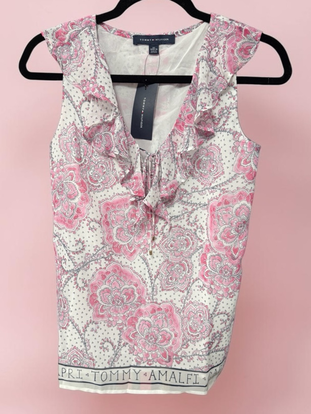 Tommy Hilfiger women’s size XS Ruffles sleeveless blouse pink floral ruffle $70